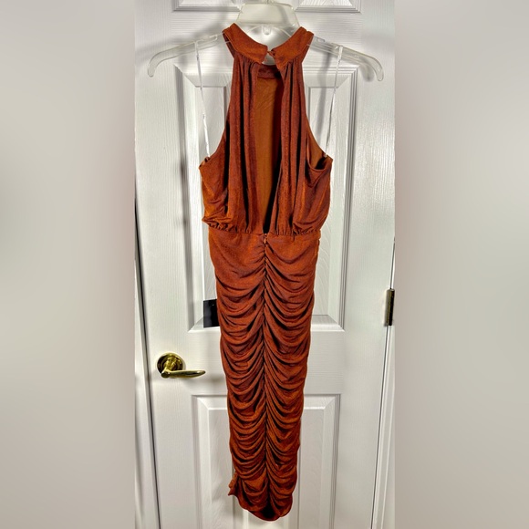 Lulus Irresistible Presence Rust Halter Ruched Bodycon Midi Dress Small - Picture 6 of 9